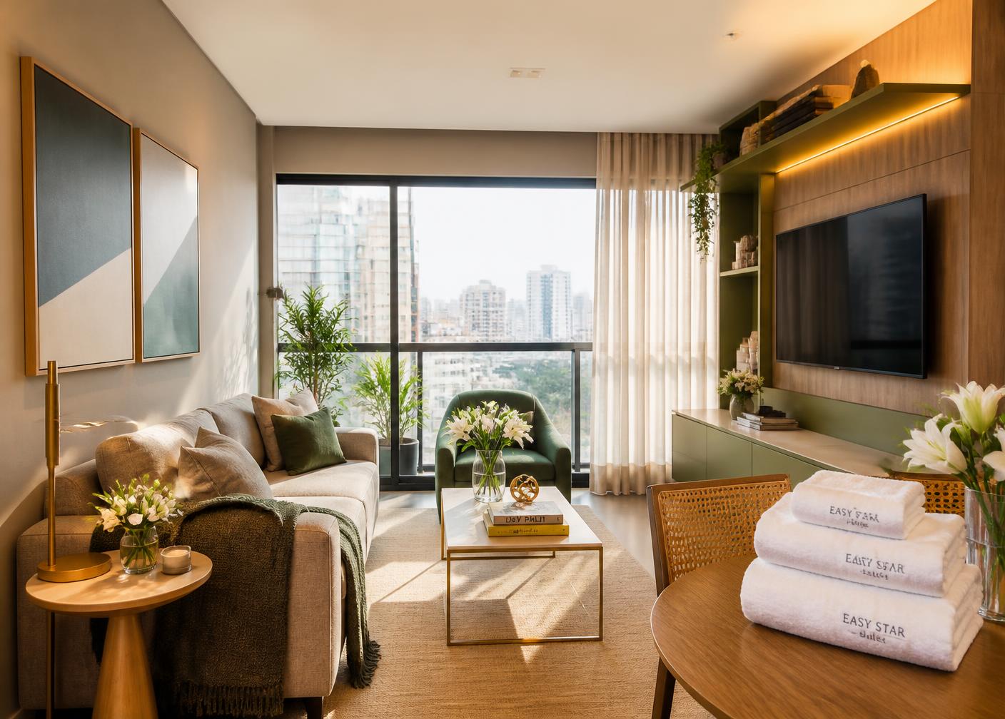 Sala de apartamento em São Paulo limpa e preparada para receber hóspedes